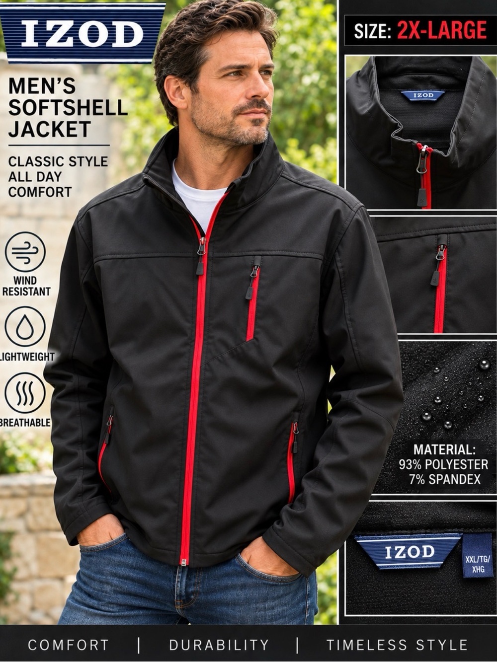 IZOD Mens Black Red Softshell Jacket Wind Resistant Full Zip Stand Collar 2XL